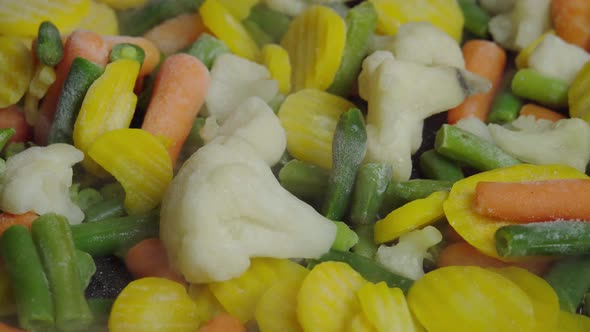 Close up view of steaming frying pan and mixed frozen vegetables. Vegetarian