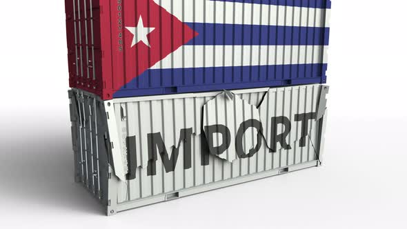 Container with Flag of Cuba Breaks Container with IMPORT Text alt
