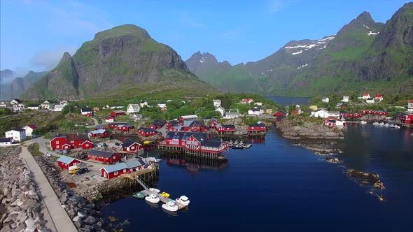 Fishing village A i Lofoten in Norway from air.