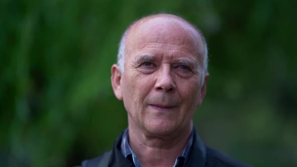 Bald and Wrinkled Man Is Standing Outdoors, Portrait of Aged Male on Street at Summer or Spring