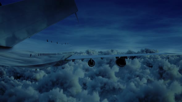 Airplane Jumbo Jet Fyling Over Storm Clouds At Night Moonlight Seamless Loop