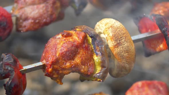 Pork, Mushroom and Slice of Eggplant, Meat Is Baked on Skewers Kebabs, Barbeque, Brazier