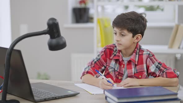 Cute Focused Middle Eastern Boy Writing Homework and Shaking Head Yes in Video Chat on Laptop