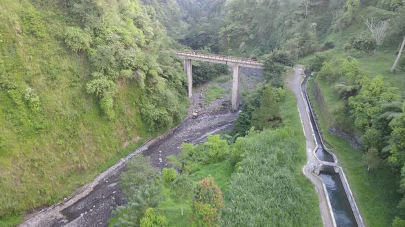 Aerial view of Valley with small river in Pluyon Merapi Mount, Indonesia.