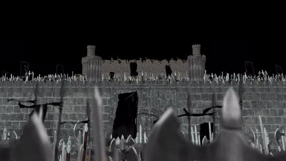 Massive Medieval Army Marching In A Castle In Alpha Channel