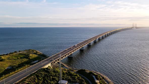 Aerial View of Oresund Bridge at the Sunset in Summer