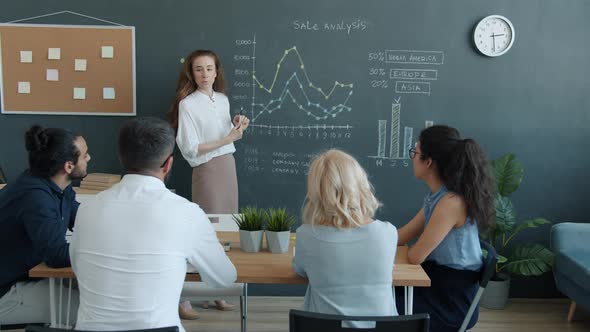 Sales Expert Making Presentation to Group of Employees Pointing at Graphs on Chalkboard and Speaking