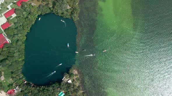 Aerial view of the Deepest cenote in the maya Lagoon of Bacalar in Mexico