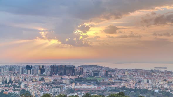 Panoramic Sunrise View Over Lisbon and Almada From a Viewpoint in Monsanto Morning Timelapse.