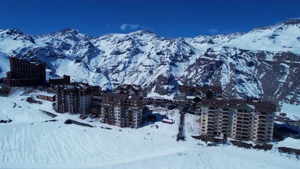 Panoramic view of Ski station centre resort at snowy Andes Mountains.