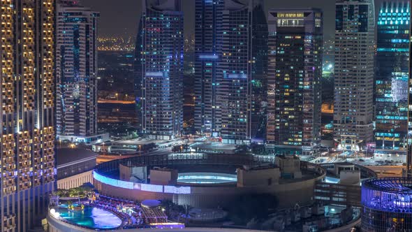 Night Illumination of Dubai Marina Aerial Timelapse UAE