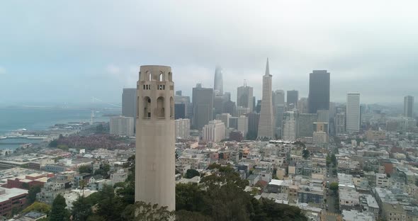 Aerial view San Francisco California USA Coit Tower Telegraph Hill on a cloudy day