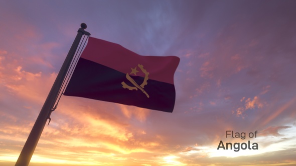 Angola Flag on a Pole with Sunset / Sunrise Sky Background