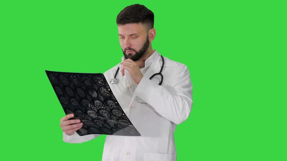 Physician Reading Reviewing MRI Brain Scan Green Screen Chroma Key