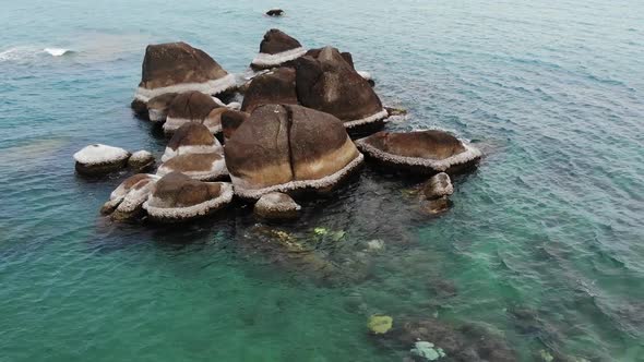 Famous Grandfather and Grandmother Rocks Located on Shore of Blue Sea on Koh Samui Island in