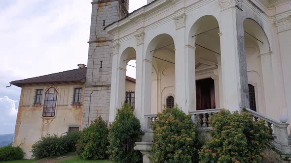 Low angle of facade of Madonna del Sasso sanctuary church in Italy. Tilt-up