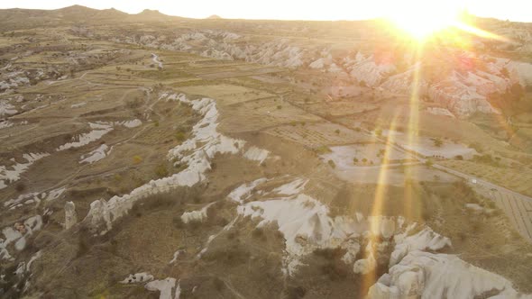 Sun Over Goreme. Cappadocia, Turkey. Aerial View