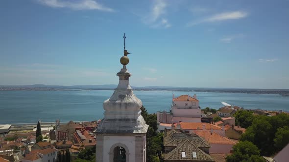 Lisbon, Portugal 4K Aerial Video Lisbon Castle - The Castelo De Sao Jorge Drone with some boats sail