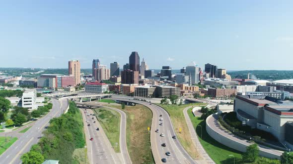 Drone aerial view of the busy highways around the Twin Cities, MN