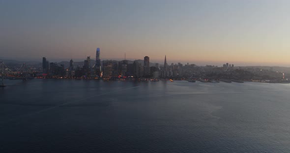Aerial Panning Shot of the San Francisco Skyline at Dusk