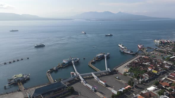 Aerial view of Port in Banyuwangi Indonesia with ferry in Bali Ocean