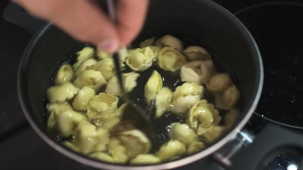 Person Stirs Tasty Cooking Ravioli in Saucepan on Stove