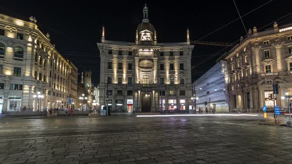 Piazza Cordusio Is an Important Commercial Square in the City Night Timelapse Hyperlapse