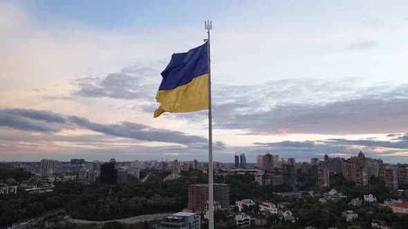 Kyiv - National Flag of Ukraine By Day. Aerial View. Kiev. Slow Motion