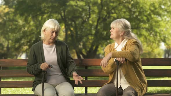 Two Senior Ladies Arguing and Sitting on Bench in Park, Grumpy Elders, Dispute