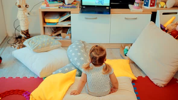 Girl Watching Cartoon. Kids Leisure And Entertainment. Cute Children Watching Fairy Tale Story.