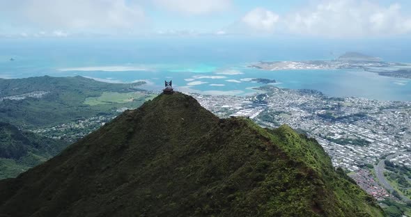 Drone 4000ft up in the air in Oahu getting a shot of the mountain top trail of the Stairway to Heave