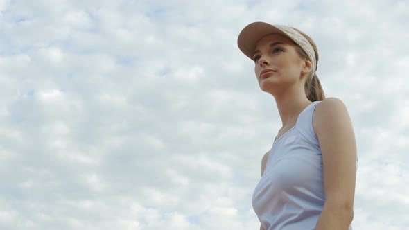 Attractive Young Woman on Tennis Court, Healthy Lifestyle, Winner Spirit