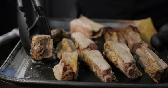 The Meat Ribs Are Put On The Pan