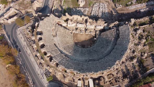 Top Aerial View of Ancient Greek Amphitheater Construction in Side Turkey