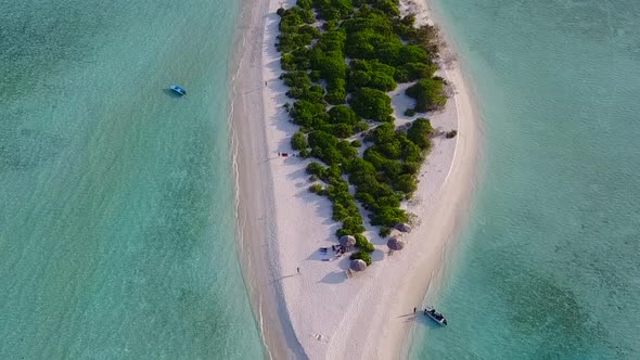 Aerial drone travel of bay beach journey by blue ocean with sand background