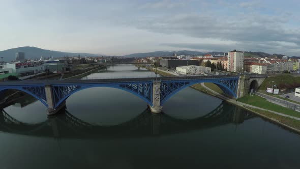 Aerial view of Drava River and the Blue Bridge, Maribor