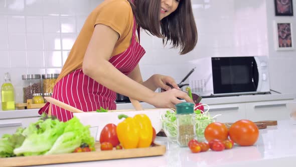 Young Asian woman cooking in kitchen at home. The wife is cooking a special meal for her husband.