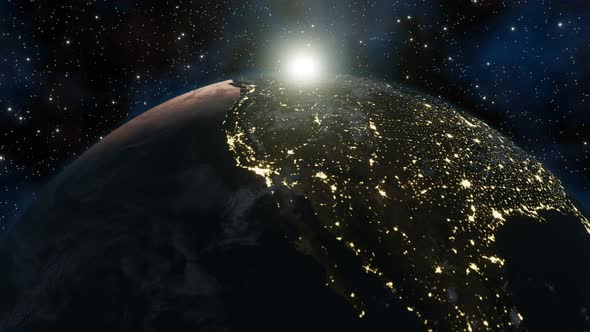 Beautiful 3d earth planet animation. Sunrise from outer space. Concept of climate change alt