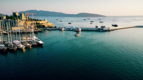 Aerial View of Bodrum Marina Harbor and Ancient Castle in Aegean Sea in Turkey
