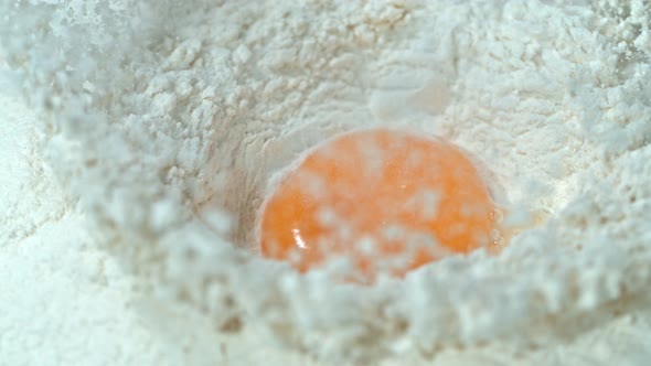 Super Slow Motion Shot of Falling Egg Into Flour at 1000Fps