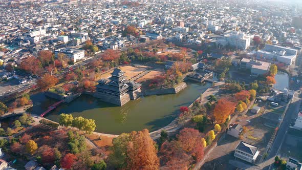 Aerial View 4k footage of Matsumoto Castle on morning in Matsumoto city