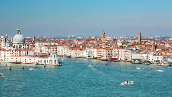 Grand Canal Landscape Time Lapse with Many Boats Passing Through Venice Italy