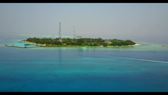 Aerial nature of perfect shore beach voyage by shallow water with white sand background of a daytrip