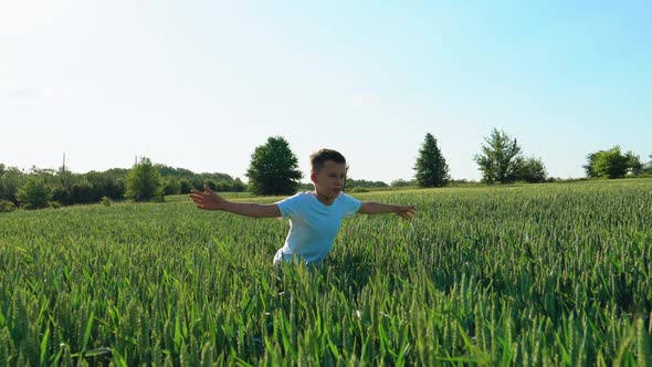 Boy With Open Hands is Running Across a Field of Wheat in the Summer
