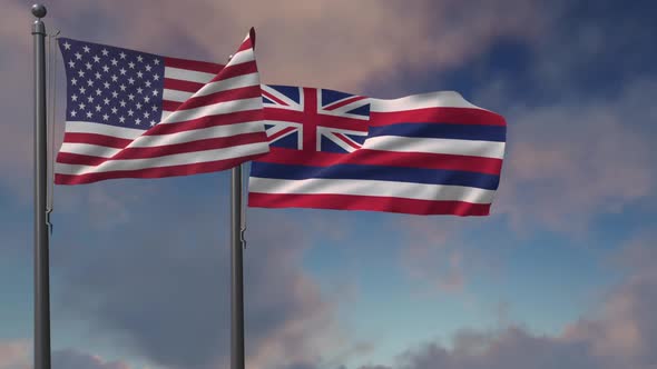 Hawaii State Flag Waving Along With The National Flag Of The USA - 2K