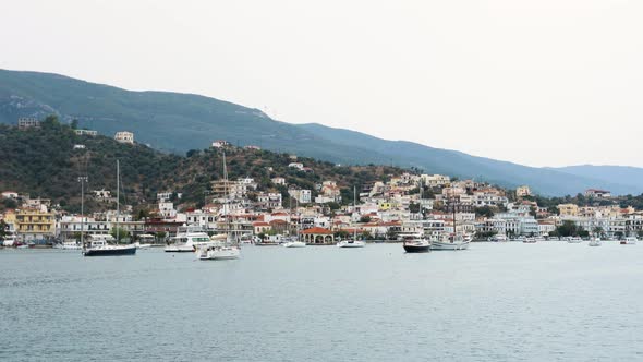 View to the shore from the sailing yacht