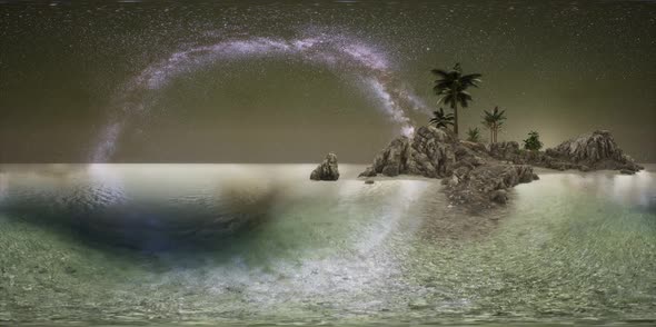 VR 360 Beautiful Fantasy Tropical Beach with Milky Way Star in Night Skies