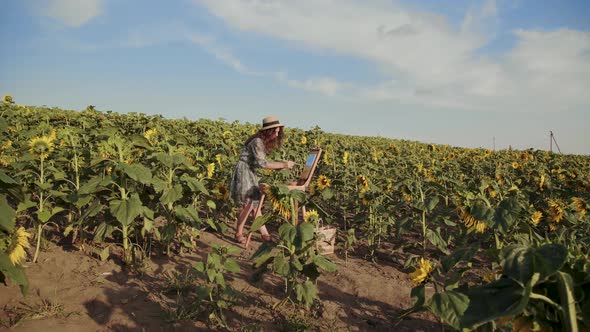 Colorful Spaces of Sunflower Field with Female Artist Painting a Landscape