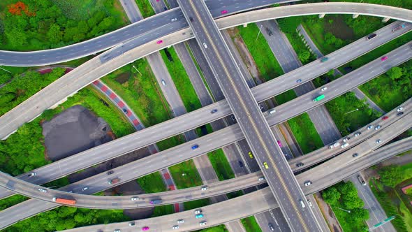 Stunning Aerial view drone shot above freeway traffic