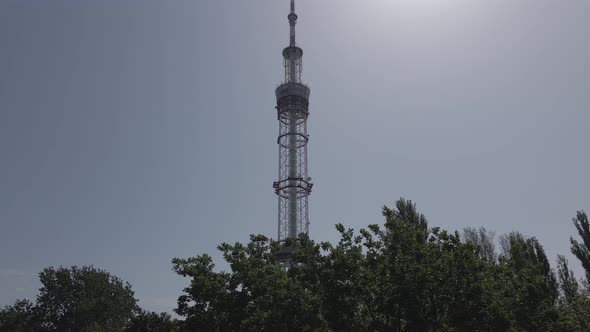 The Architecture of Kyiv. Ukraine: TV Tower. Aerial View. Slow Motion, Flat, Gray